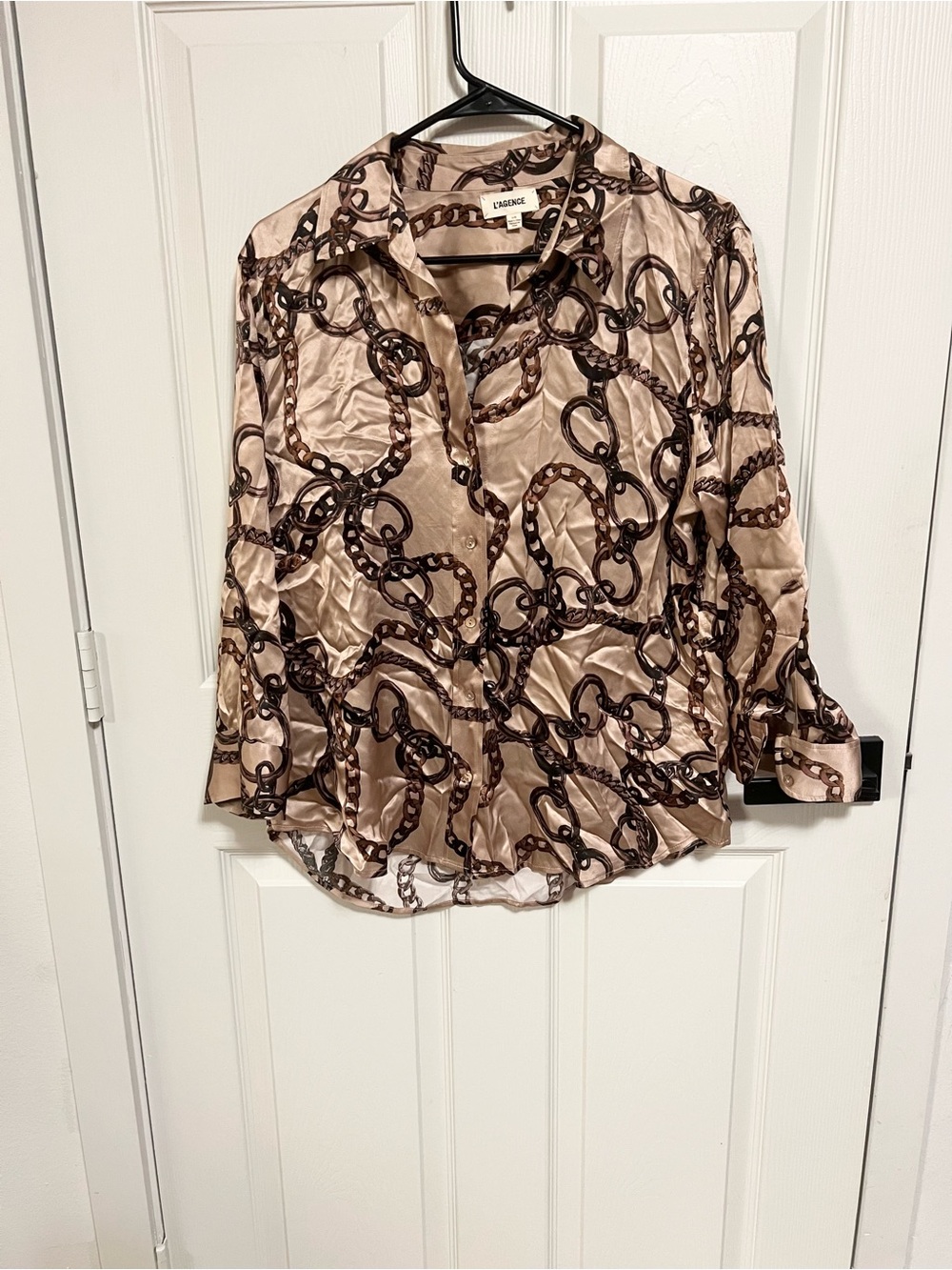 L'AGENCE Dani 3/4 Sleeve Silk Blouse in Almond & Brown Oversized Chain size L - Picture 3 of 8